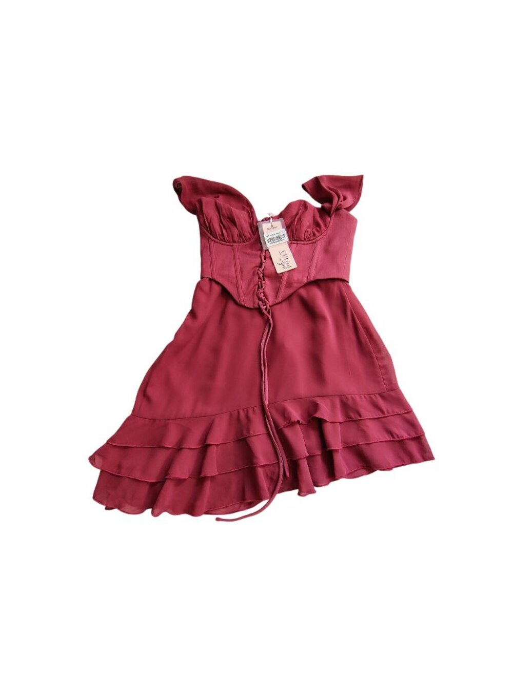 Oh Polly Womens Burgundy Corset Midi Dress With Ruffle Hem & Adjustable Straps M